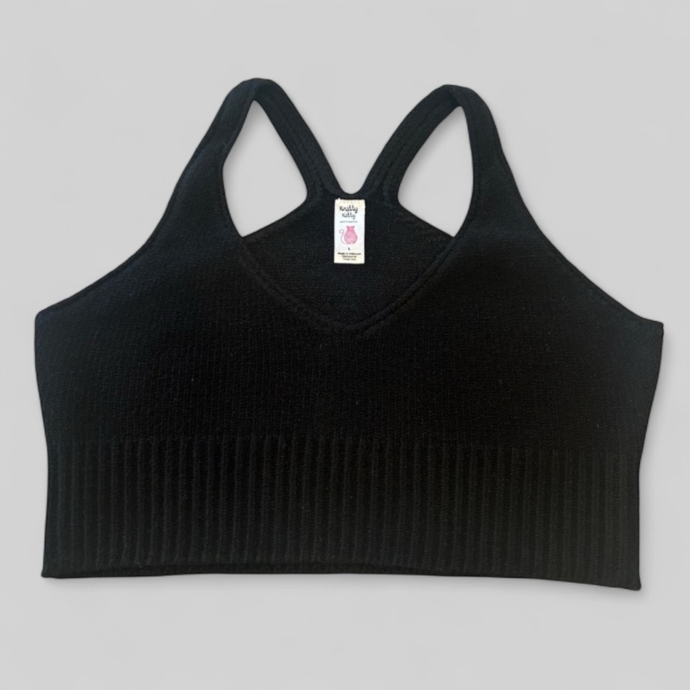 Knitty Kitty Knitimates black woven cropped tank bra size Large like new woven